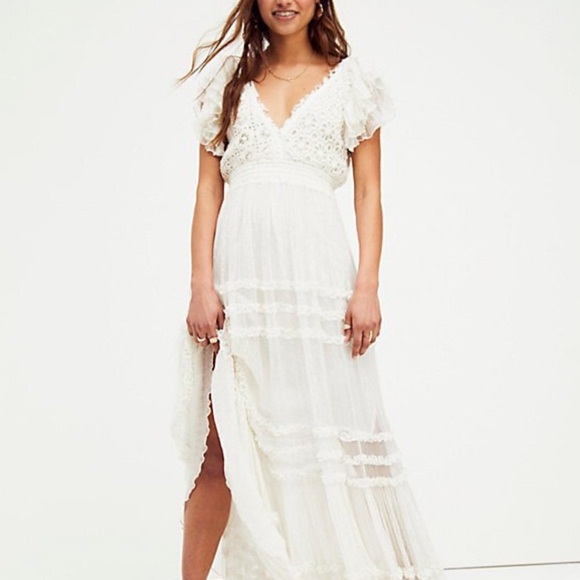 Free People wedding dress boho maxi crochet embroidered BHLDN Anthropologie - Picture 10 of 13